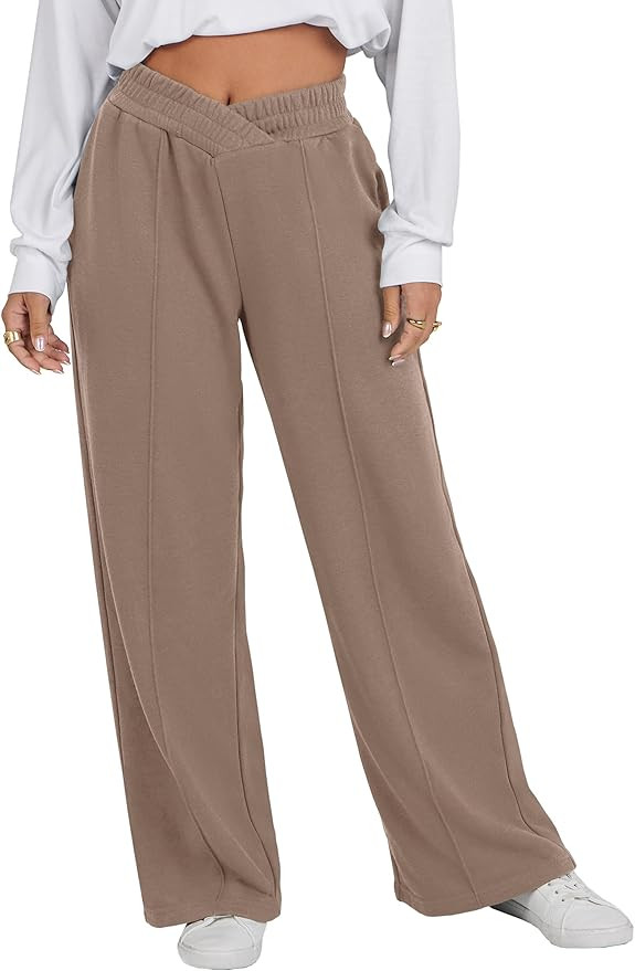 ANRABESS Women Asymmetric High Waist Wide Straight Leg Sweatpants with Pockets 2024 Fall Trendy S... | Amazon (US)