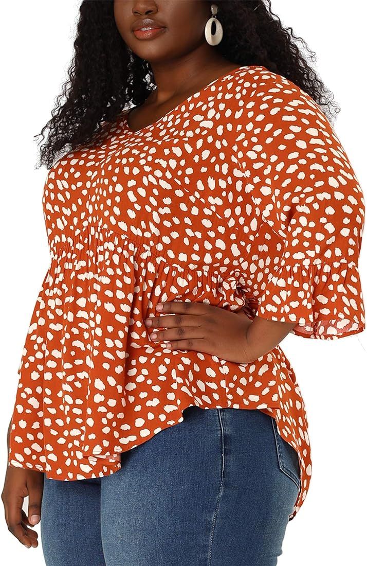Agnes Orinda Plus Size Polka Dots Blouses for Women V Neck 3/4 Ruffle Sleeve Peplum Tops | Amazon (US)