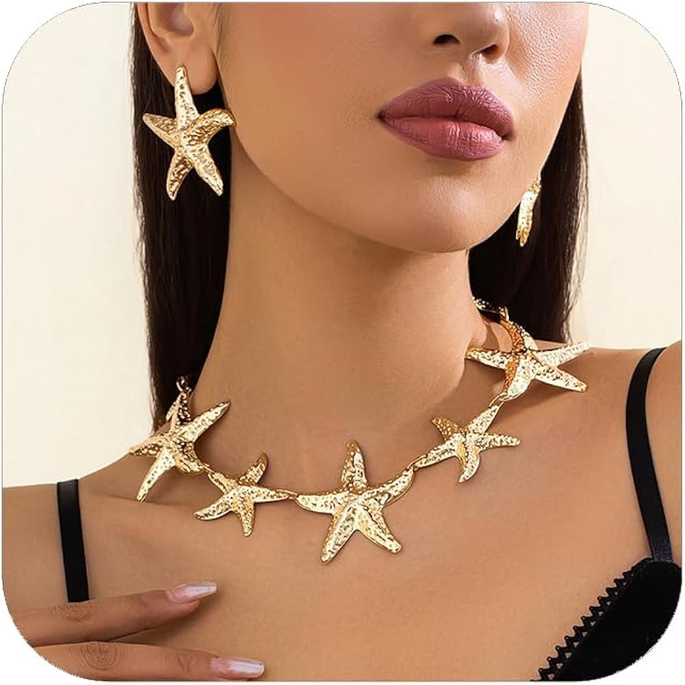Starfish Choker Necklace and Earring Set for Women, Unique Jewelry Design, Gold/Sliver Starfish N... | Amazon (US)