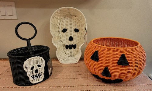 RARE! NWT Set of 3 Resin Wicker Halloween Serving Baskets Pumpkin Skeleton Skull  | eBay | eBay US