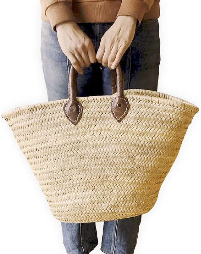 French Market basket Tote with Leather Handles, Handwoven Summer Carryall for Beach, Shopping, Tr... | Amazon (US)
