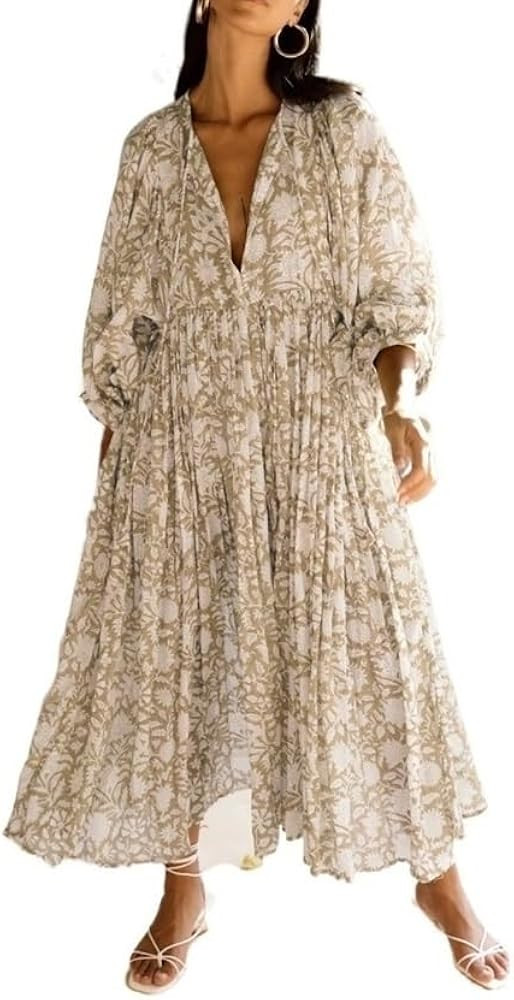 WSZDRH Women Boho Maxi Dresses Summer V Neck Mid-Length Puff Sleeve Casual A-Line Flowy Swing Lon... | Amazon (US)
