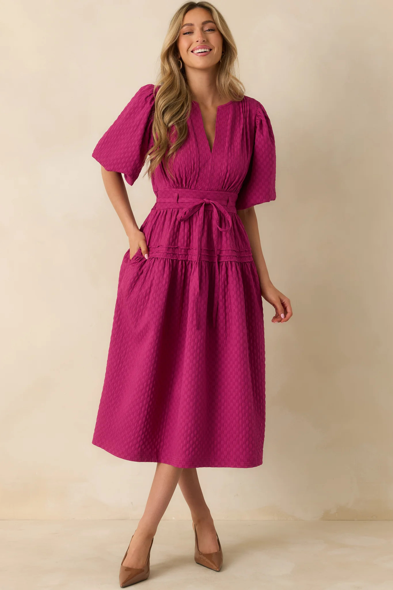 Sweetest Thing Yet Magenta Pink Textured Woven Pleated Midi Dress | Red Dress