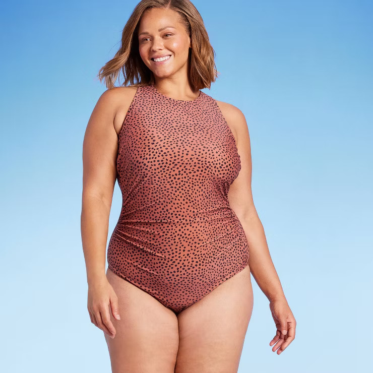 Women's Spotted Print High Neck Ruched Full Coverage One Piece Swimsuit - Kona Sol™ Brown | Target