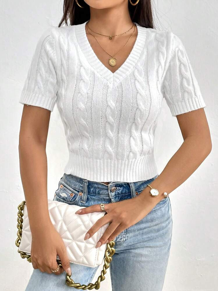 SHEIN Essnce Solid Cable Knit V Neck Crop Knit Top | SHEIN