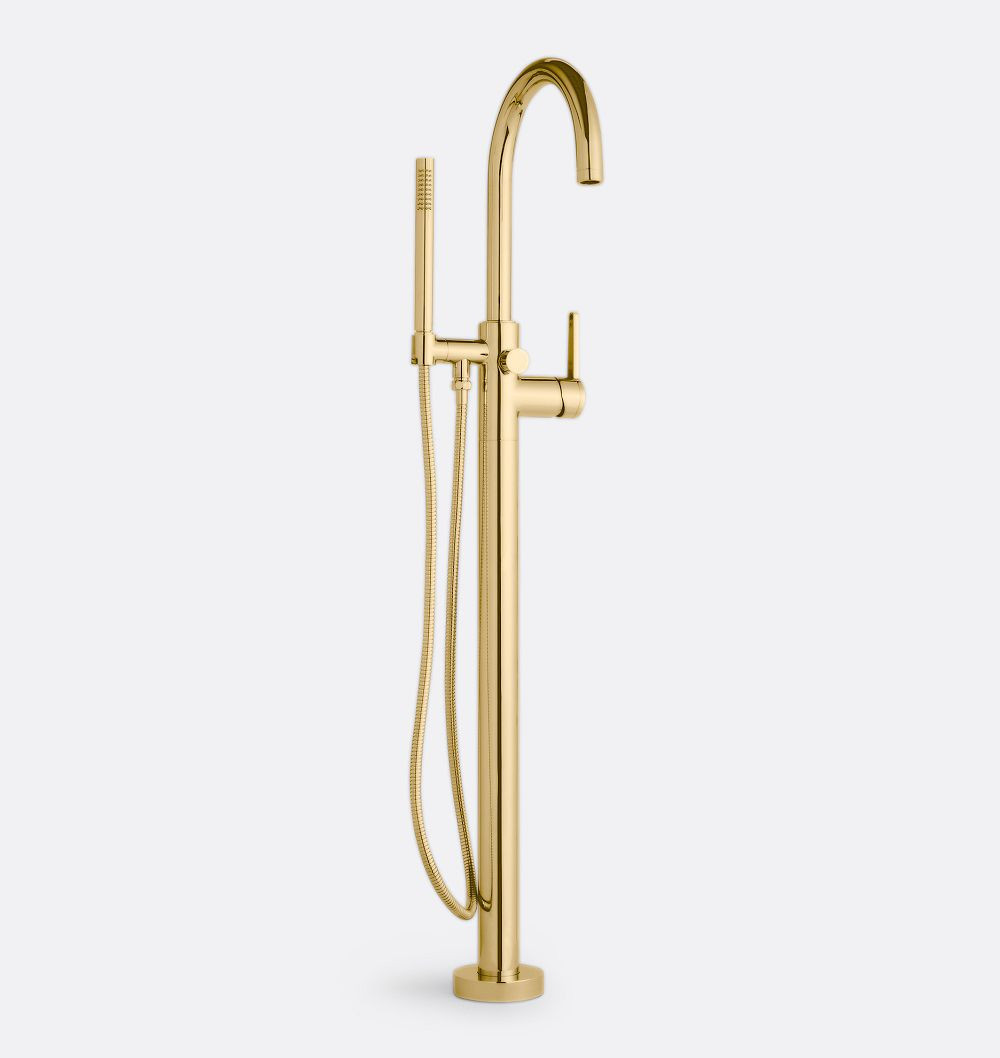D Street Floor Mounted Tub Filler with Handshower - Burnished Brass Uncoated | Rejuvenation