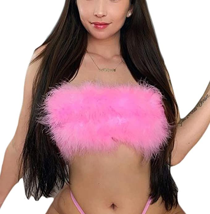 Women Rave Festival Feather Crop Tops Faux Fur Spaghetti Straps Tube Top for Concert Club Party | Amazon (US)