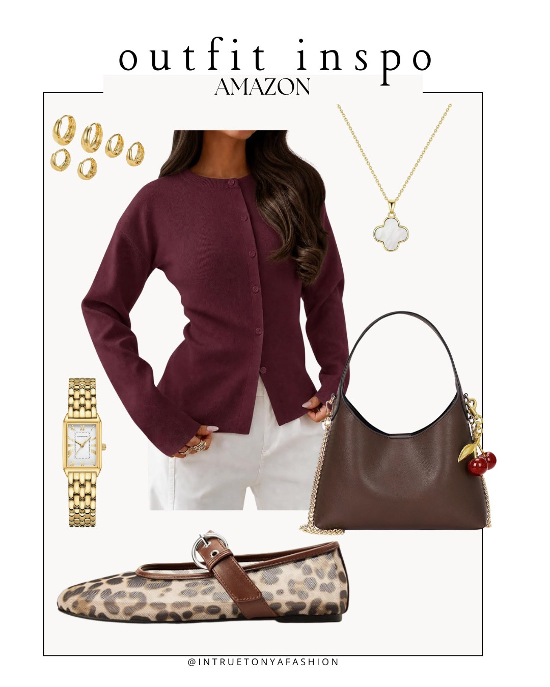 Fall workwear from amazon — burgundy cardigan, brown shoulder bag, gold jewelry, and leopard print ballet flats






Amazon outfits, summer outfit inspo, outfit ideas, casual outfits amazon, amazon outfits every day, outfit ideas 2026, summer outfits, late summer outfits Amazon, fall work outfit, business casual, teacher outfits

#LTKSeasonal #LTKSaleAlert #LTKWorkwear