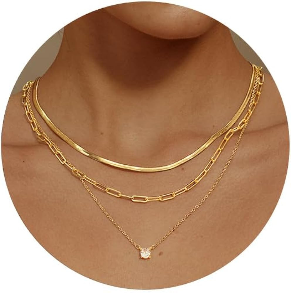 MBW Gold Layered Set Necklaces for Women, Dainty 14K Gold Plated Layered CZ Pendant Necklaces Sim... | Amazon (US)