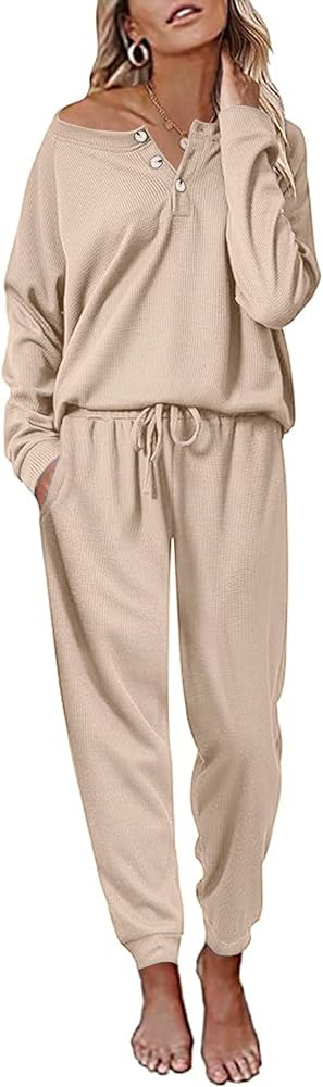 Andeip Womens Pajama Set Waffle Knit Lounge Set 2 Piece Long Sleeve Top and Pants Loungewear Pj S... | Amazon (US)
