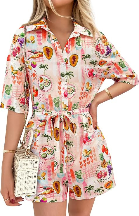 PRETTYGARDEN Womens Rompers for Summer 2025 Beach Vacation Clothes Short Sleeves Floral Jumpsuits... | Amazon (US)