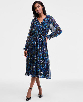 On 34th Women's Printed Ruffle-Trim Long-Sleeve Midi Dress, Macy's Exclusive  - Macy's | Macy's
