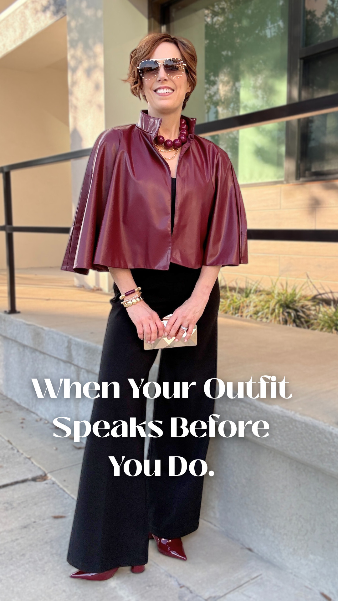 There’s something powerful about a good statement layer — it does the talking so you don’t have to.

This faux-leather cape gives you shape, shine, and a little drama in the best way. Style tip: pair a bold upper half with a clean, wide-leg pant to balance the proportions and lengthen your frame.

Just a reminder that style is your daily act of self-respect… and sometimes that means choosing the piece that makes you feel unstoppable. 

 #LTKootd #LTKSeasonal #LTKOver40