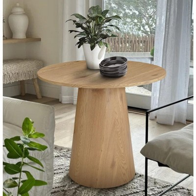 Dwen Small Console Tables, 35'' Width with Oak Grain Paper Round Top Pedestal Console Table Behind Couch-Maison Boucle | Target
