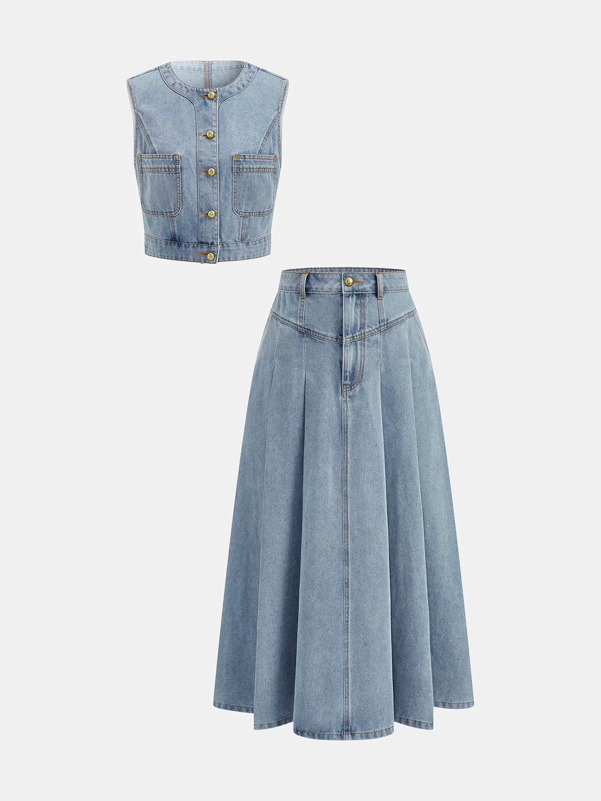 Denim Crop Vest & Pleated Midi Skirt Set | Commense