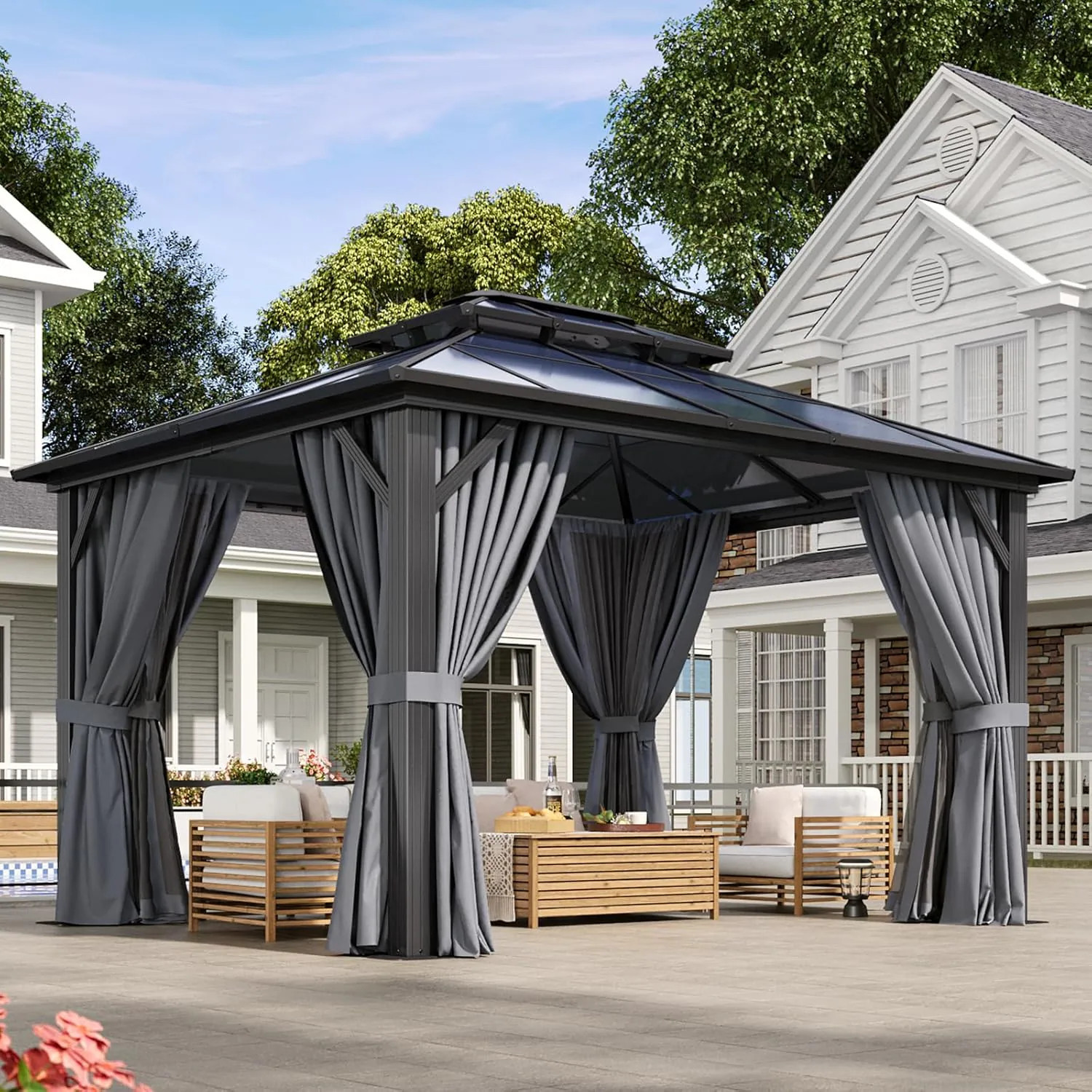 AOXUN 12-ft x 10-ft Outdoor Gazebos Gray Grill Gazebo with Hardtop Roof (Screen Included) | AX-410G11 | Lowe's