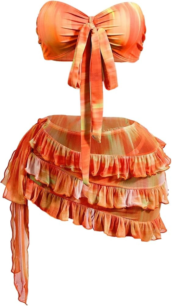 SweatyRocks Women's 3 Piece Bandeau Swimsuits Tie Dye Print Tie Front Bikini Sets with Ruffled Co... | Amazon (US)