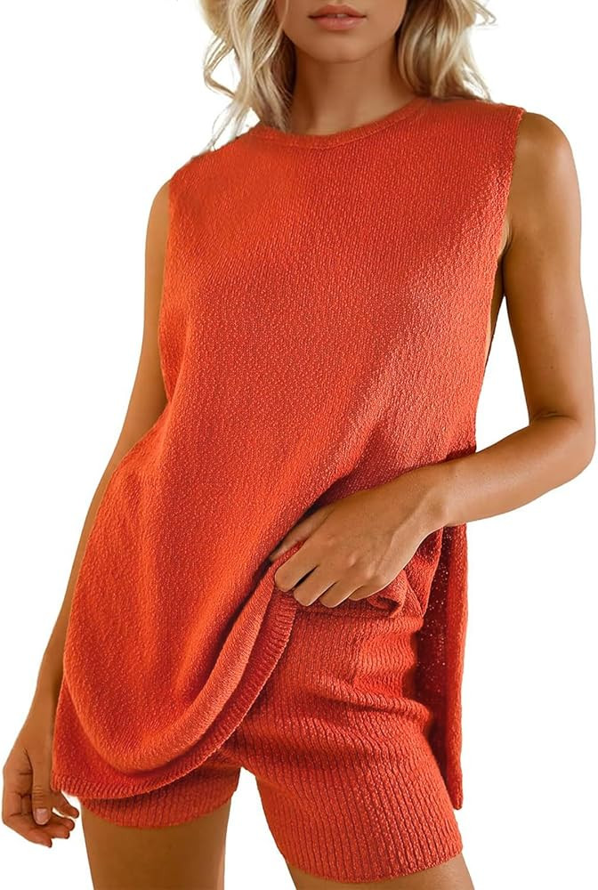Yimoon Women’s Summer Sweater Set 2 Piece Beach Vacation Outfits Sleeveless Tunic Top Matching ... | Amazon (US)