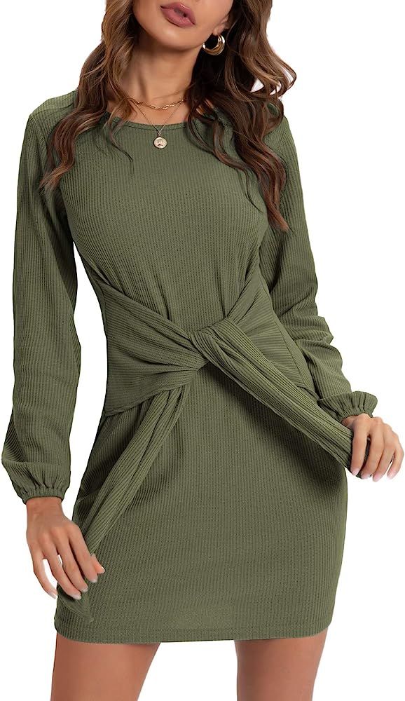 QUALFORT Women’s Tie Waist Dress Casual Long Sleeve Bodycon Sweater Pencil Dress | Amazon (US)