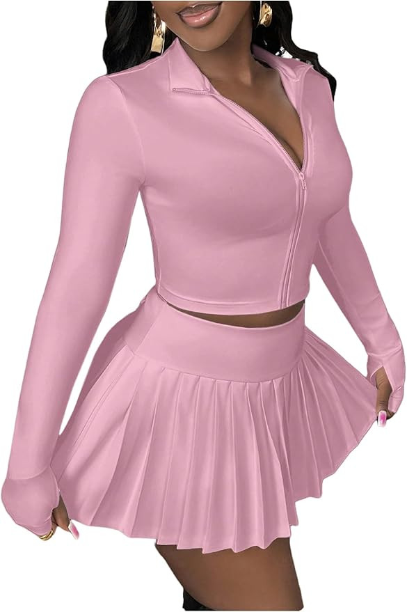 SOLY HUX Women's Skirt Sets 2 Piece Outfits Long Sleeve Crop Top with Pleated Mini Skirt Set Part... | Amazon (US)