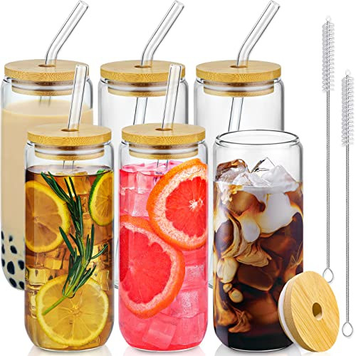 SENTVEND 20 Oz Drinking Glasses with Bamboo Lids and Glass Straw - 6 Pcs Glass Cups Beer Ice Coffee Glasses Cute Aesthetic Cup Great for Coffee Bar Accessories Include 2 Cleaning Brushes | Amazon (US)