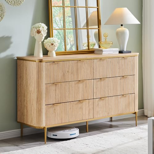 T4TREAM Fluted 6 Drawers Dresser for Bedroom, 54" Wide Modern Dresser TV Stand, Gold Accents, Fluted Fronts, Wood Storage Dressers Organizer for Bedroom, Living Room, Natural Oak | Amazon (US)