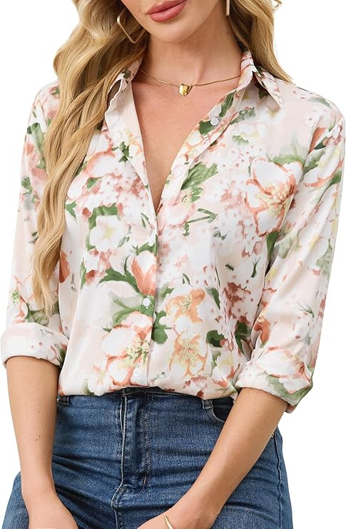 Wrinkle-Resistant Women Silky Button Down Shirts Fashion Printed Long Sleeve Blouse Dressy Casual... | Amazon (US)