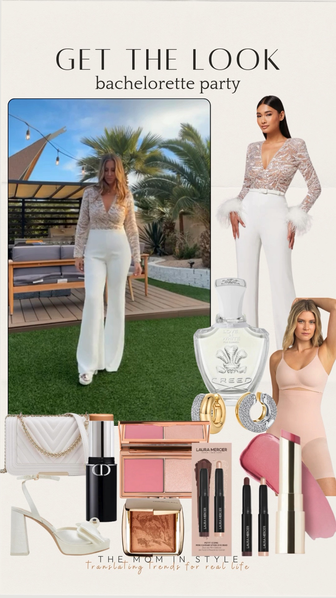 bachelorette outfit, party outfit, bridal glam, chic jumpsuit, glam makeup, luxury perfume, chic accessories, sparkly earrings, white heels, designer bag look for less 

#LTKWedding #LTKFindsUnder100