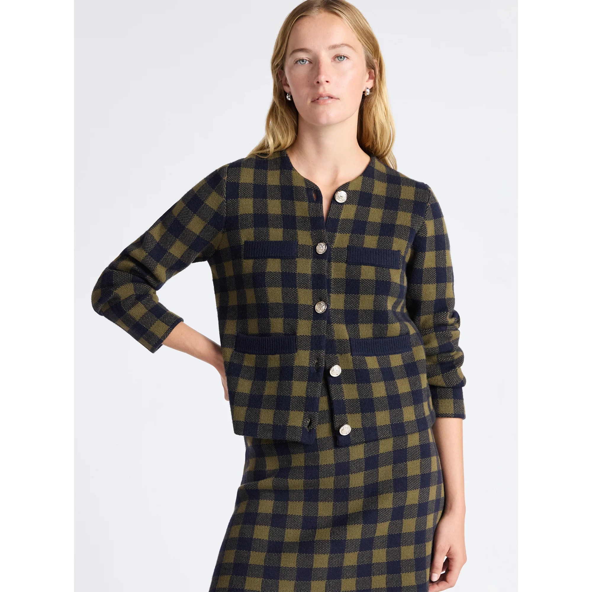 Free Assembly Women's Plaid Cardigan Sweater with Double Welt Pockets, Midweight, Sizes XS-XXL | Walmart (US)