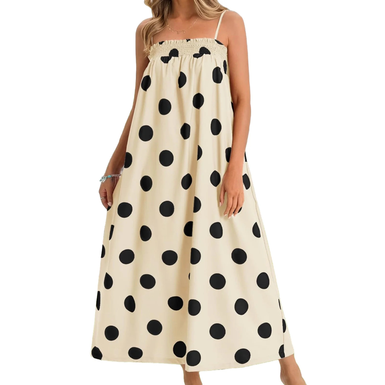Spaghetti Strap Women Summer Sleeveless Polka Dots Print Smocked Long Maxi Dress with Pocket | Walmart (US)