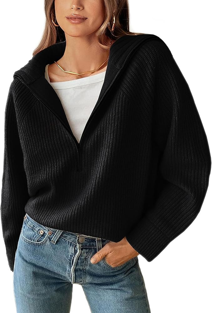 BTFBM Women\u2019s Casual Long Sleeve Half Zip Pullover Sweaters Solid V Neck Collar Ribbed Knitt... | Amazon (US)