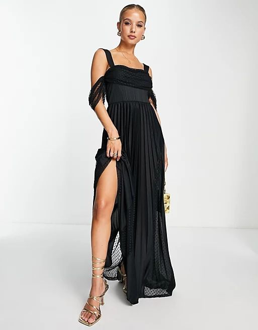 ASOS DESIGN mesh off shoulder pleated maxi dress in black | ASOS (Global)