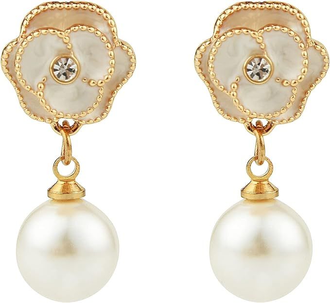 Designer Faux Imitation Pearl Floral charm Dangle Drop Fashion Earrings Studs | Amazon (US)