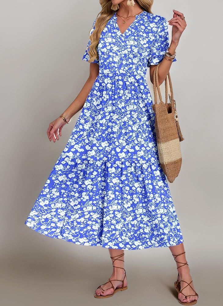 AUSELILY Sommerkleid Damen Lang V Ausschnitt Maxikleider Damen Sommer Rüschen Kurzarm Strandklei... | Amazon (DE)