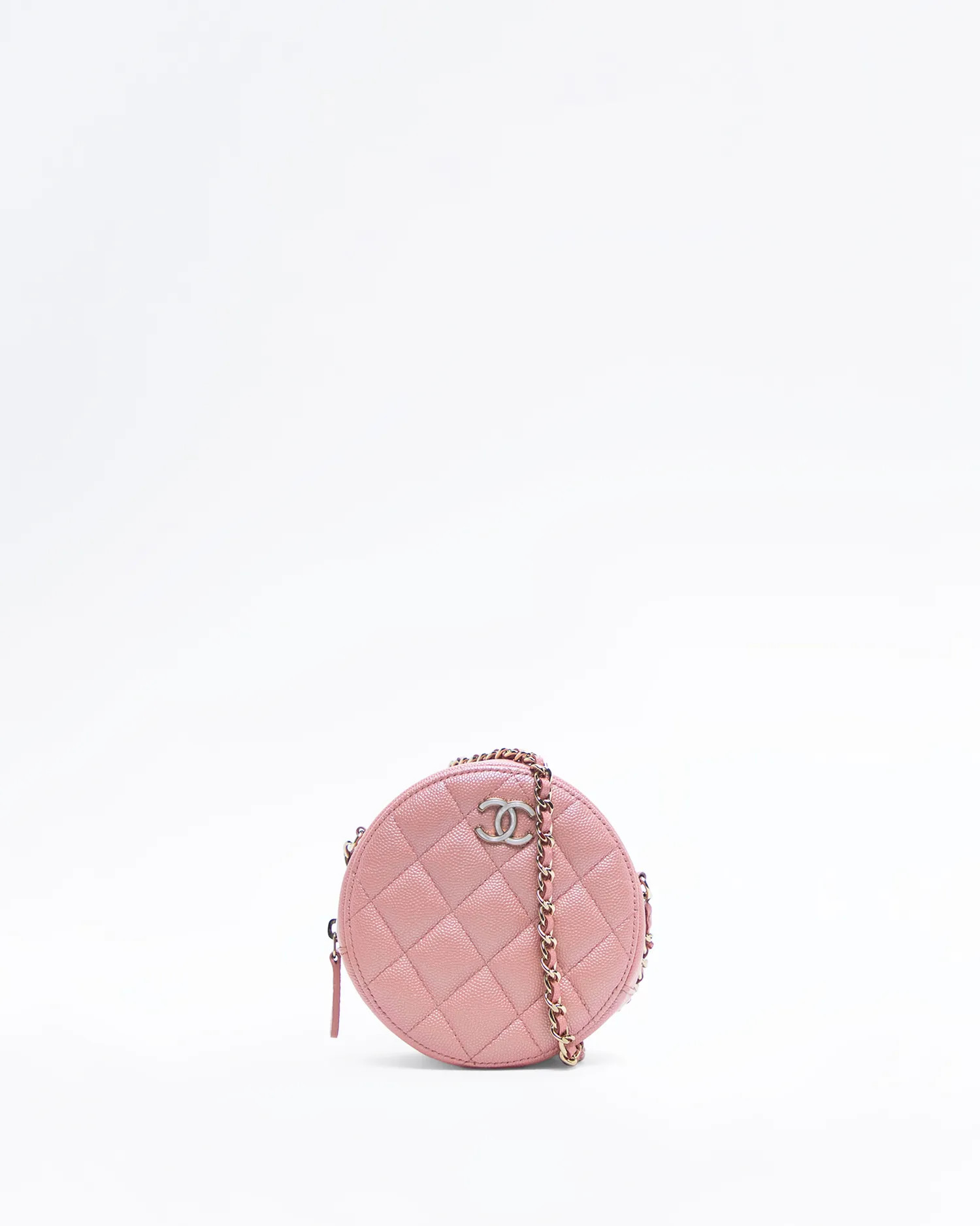 Iridescent Caviar Quilted Round Mini Pouch | Vivrelle