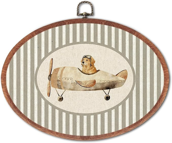 XSTWLJ Vintage Golden Retriever Nursery Oval Wall Art, Airplane Canvas Prints Framed, Grey Stripe... | Amazon (US)
