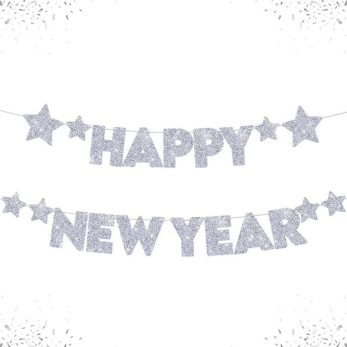 Silver Glitter Happy New Year Banner - 10 Feet, No DIY | NYE Decorations 2023 | Happy New Year De... | Amazon (US)