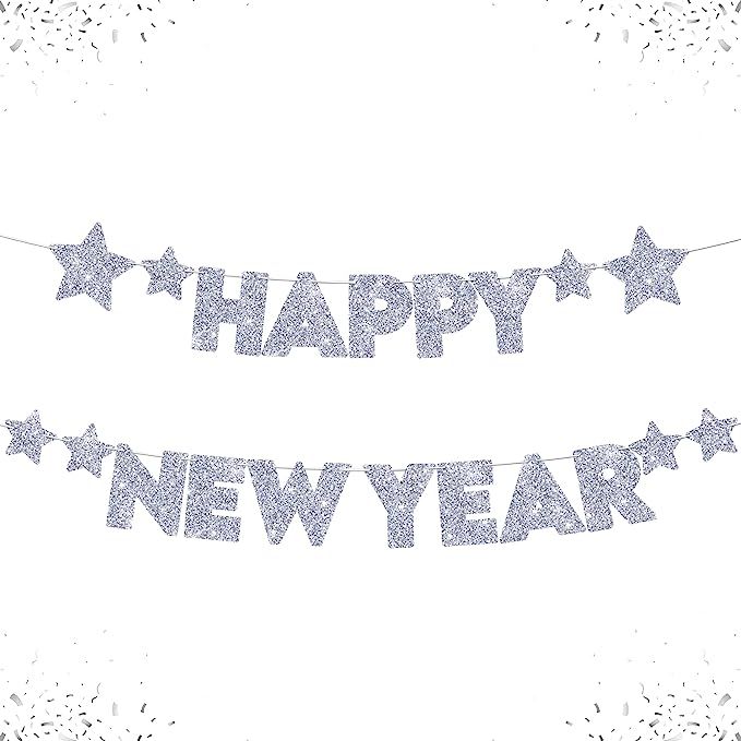Silver Glitter Happy New Year Banner - 10 Feet, No DIY | NYE Decorations 2023 | Happy New Year De... | Amazon (US)