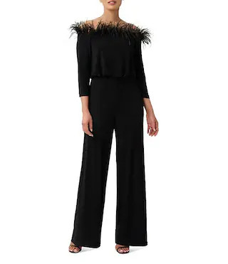Adrianna Papell Feather Trim Off-the-Shoulder 3/4 Sleeve Jumpsuit | Dillard's | Dillard's