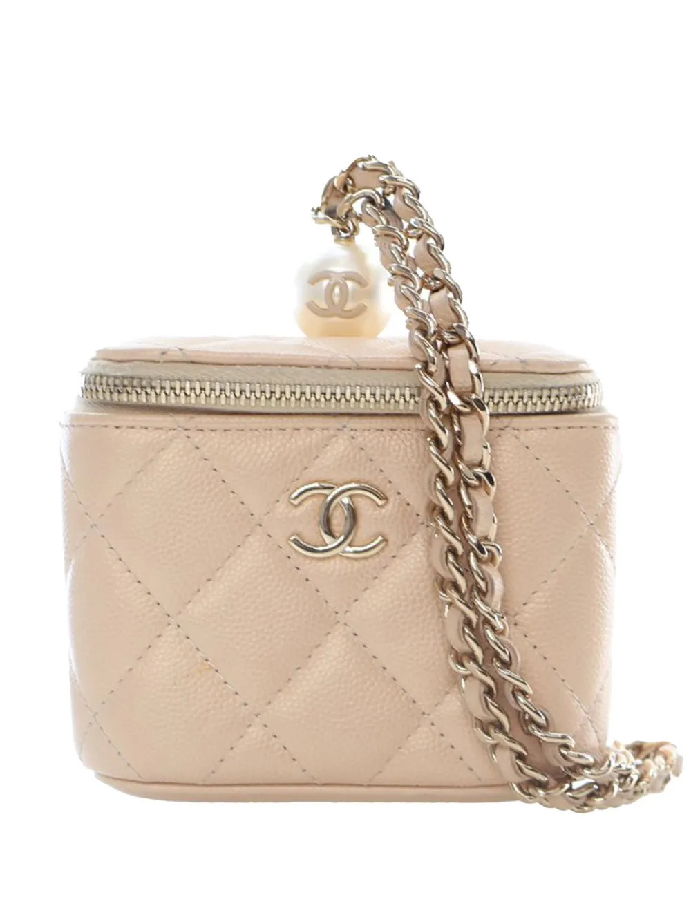 CHANEL Pre-Owned 2021 Mini Quilted Iridescent Caviar Pearl On Top Vanity Case With Chain clutch bag - Brown | Farfetch Global