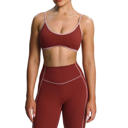 Aoxjox Women's Color Block Workout Sports Bras Fitness Lexi Lined Strappy Bra Athletic Yoga Crop Tank (Burgundy/Woodrose, X-Small) | Amazon (US)