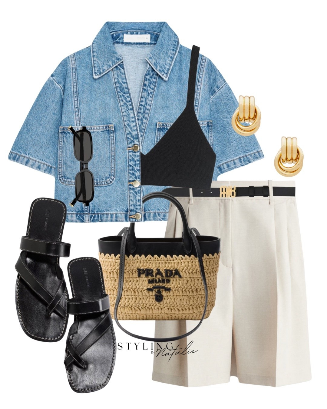 Heatwave casual chic, bralette, crop denim shirt, Bermuda shorts, Miu Miu belt, black sandals, Prada woven tote bag & Miu Miu sunglasses. Zara, summer outfit, smart casual, brunch outfit, warm weather outfit.

#LTKstyletip #LTKsummer #LTKuk