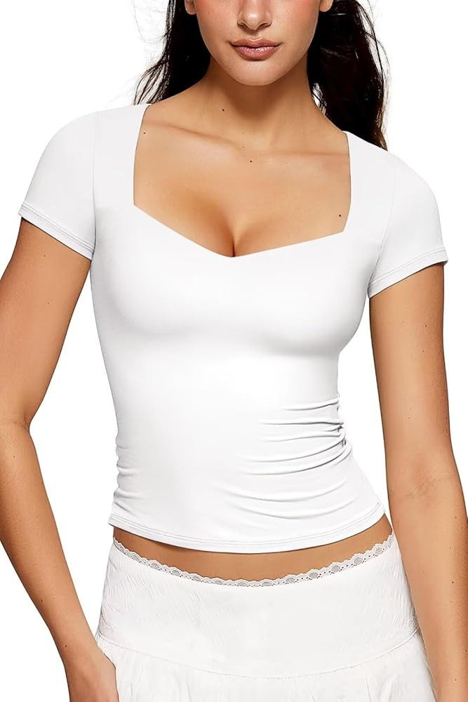 Vertvie Women Sweetheart Neckline Top Double Lined Short Sleeve T Shirts Slim Fitted Cute Basic T... | Amazon (US)