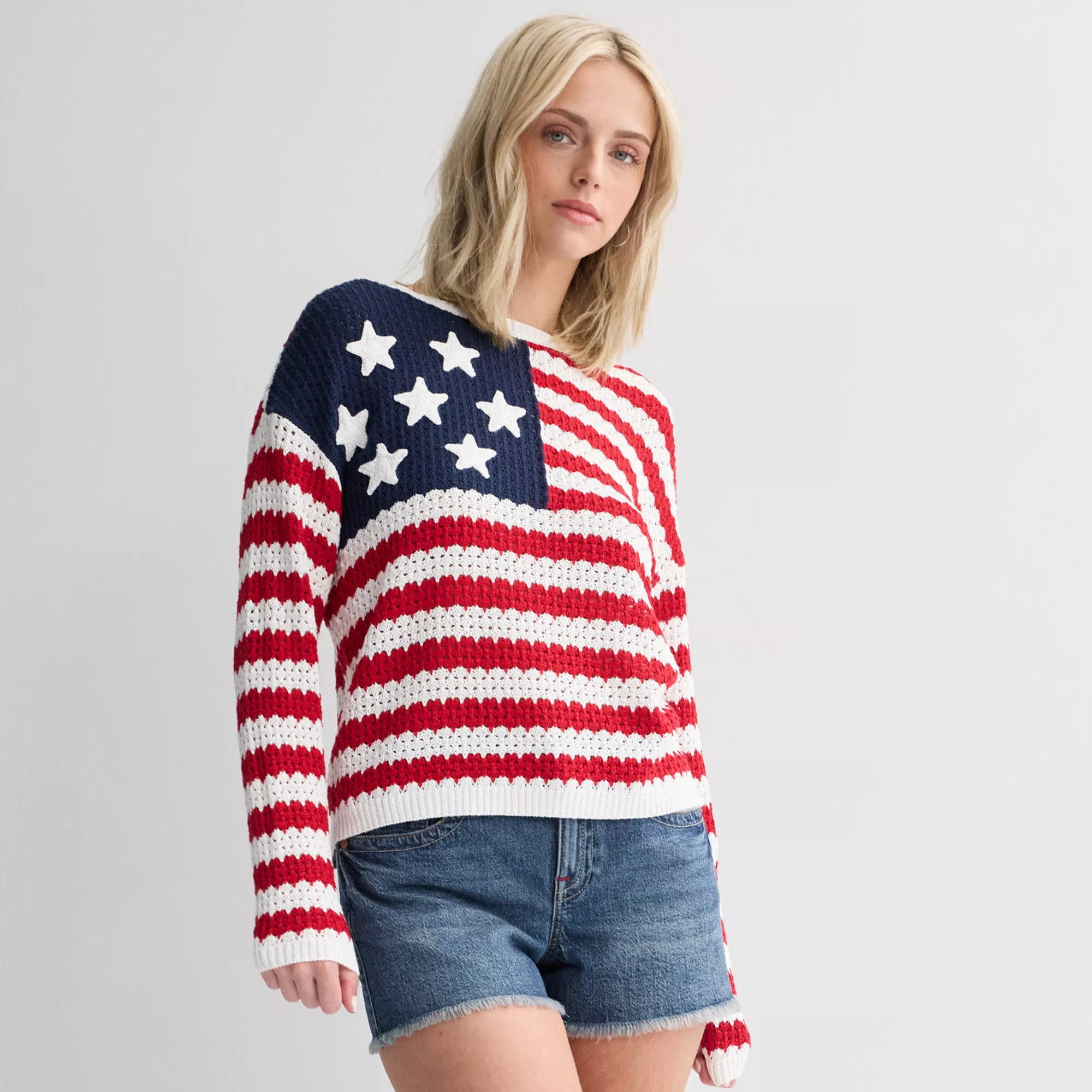 Juniors' Jollidays American Flag Crochet Crew Sweater | Kohl's