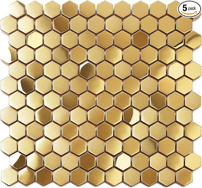Blujellyfish Hexagon Gold Backsplash Tiles Metal Mosaic Tile Stainless Steel Brushed Mirror Tiles... | Amazon (US)