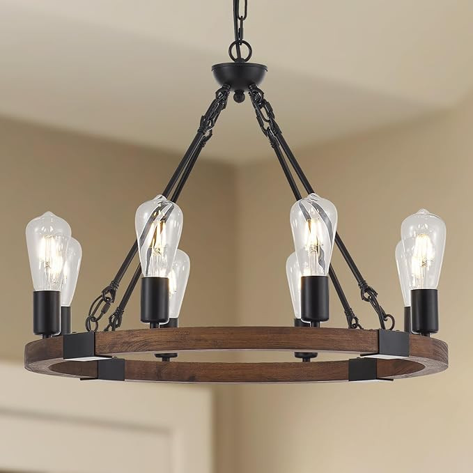 8 Lights 23.6'' Wooden Wagon Wheel Chandelier Farmhouse, Black Metal Ceiling Pendant Light Indust... | Amazon (US)