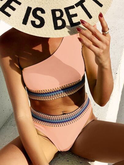 Contrast Trim One Shoulder Bikini Swimsuit | SHEIN