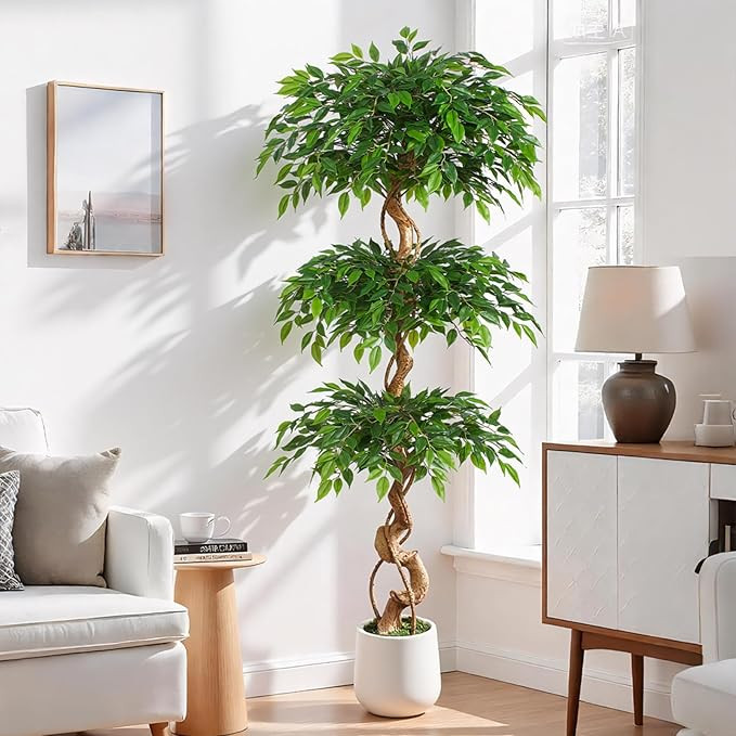 6ft Large Ficus Artificial Trees in White Pot, 72" Tall Fake Silk Tree with Natural Curved Trunk,... | Amazon (US)