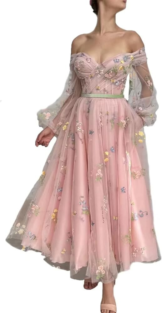 Fivsole Women's Puffy Sleeve Prom Dresses Flower Lace Tulle Formal Evening Party Gowns | Amazon (US)