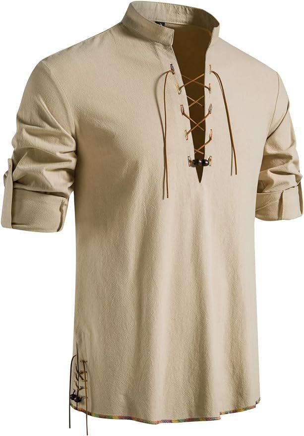 LucMatton Men's 100% Cotton Retro Style Lace up Long Sleeve Shirts for Medieval,Viking,Hippie Mat... | Amazon (US)
